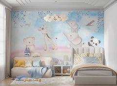 Tapet Personalizat Lumea Animalelor cu ursulet, panda, elefanti si girafa peste curcubeu printre avioane - FLYING RAINBOW