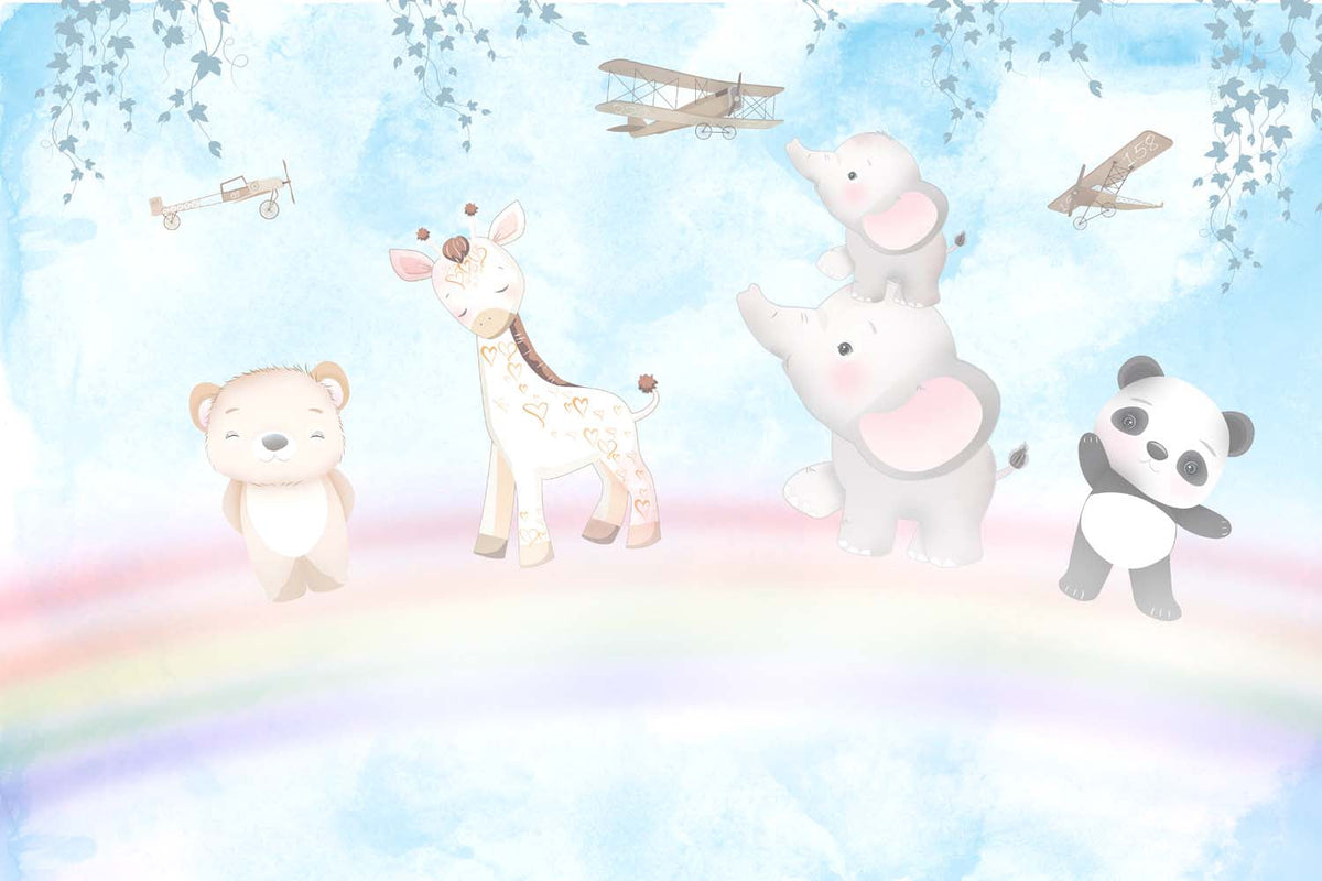 Tapet Personalizat Lumea Animalelor cu ursulet, panda, elefanti si girafa peste curcubeu printre avioane - FLYING RAINBOW