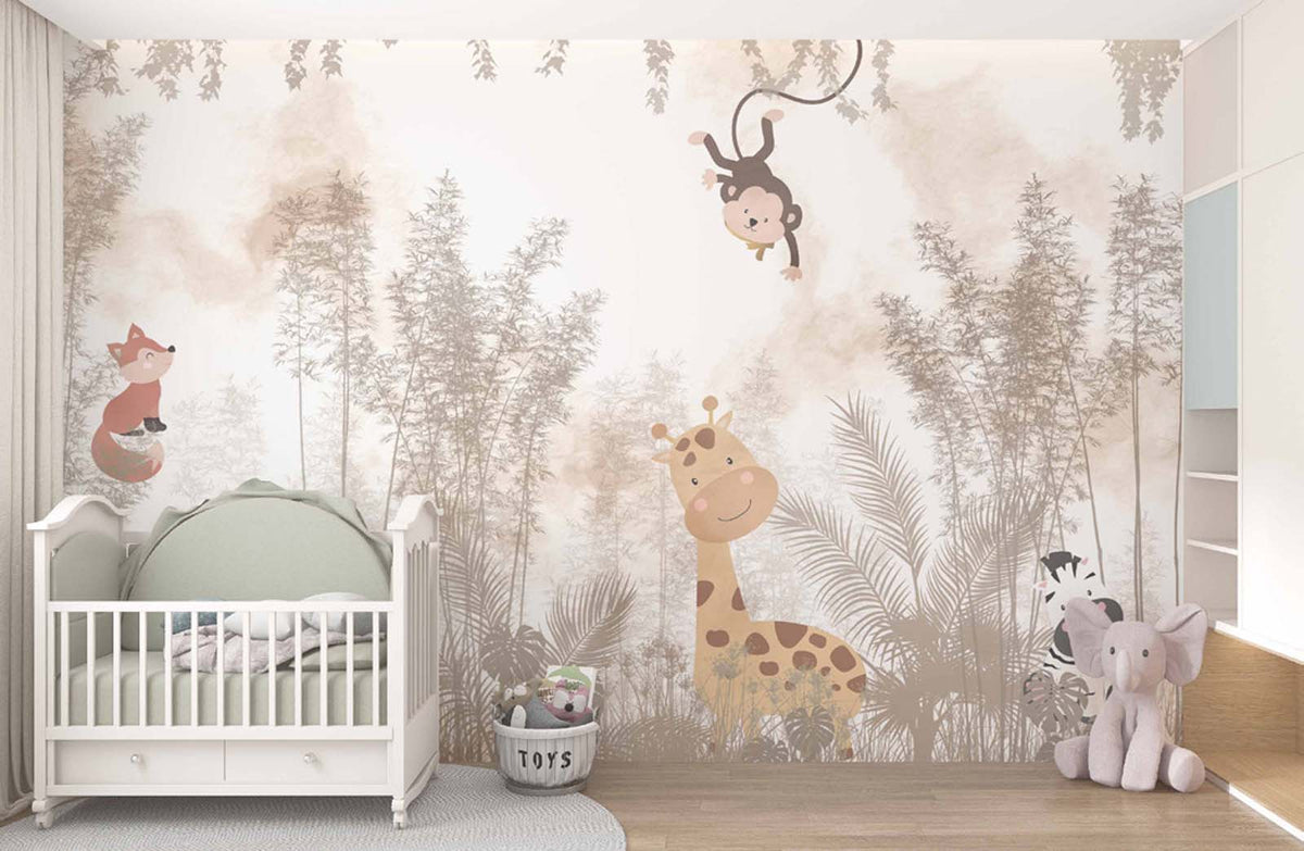Tapet Personalizat Lumea Animalelor cu animale salbatice in padurea tropicala in nuante de bej-maro - EXOTIC AUTUMN ANIMALS