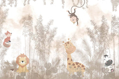 Tapet Personalizat Lumea Animalelor cu animale salbatice in padurea tropicala in nuante de bej-maro - EXOTIC AUTUMN ANIMALS