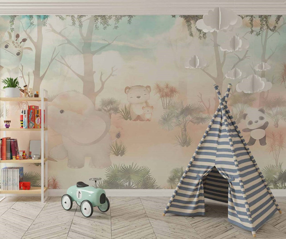 Tapet Personalizat Lumea Animalelor cu animale exotice in padurea cu palmieri pe un fundal estompat - DUSTY FOREST ANIMALS