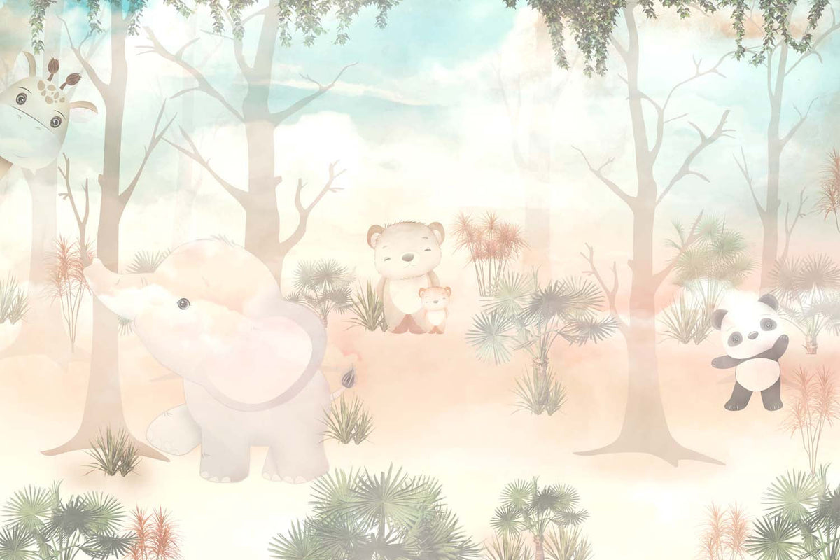 Tapet Personalizat Lumea Animalelor cu animale exotice in padurea cu palmieri pe un fundal estompat - DUSTY FOREST ANIMALS