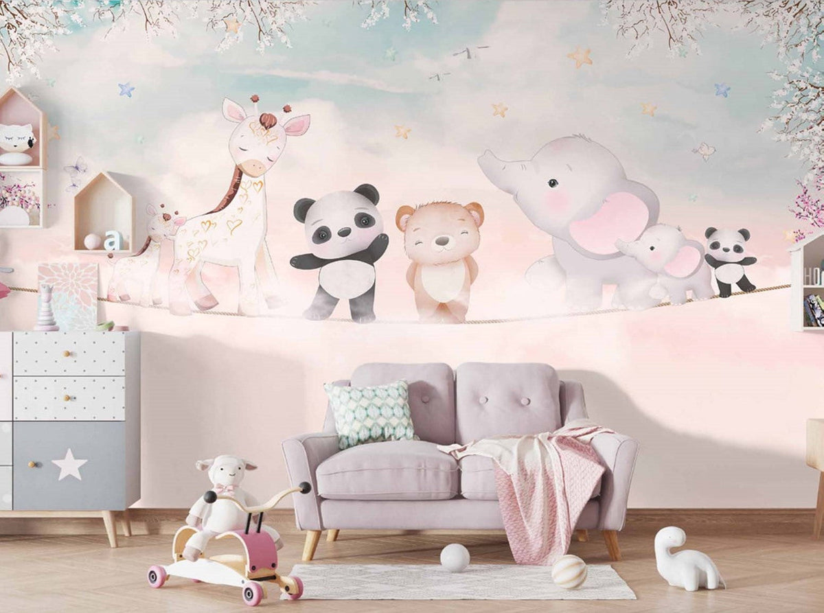 Tapet Personalizat Lumea Animalelor cu ursi panda, girafe si elefanti stand pe o franghie deasupra cerului roz - ON THE ROPE PINK