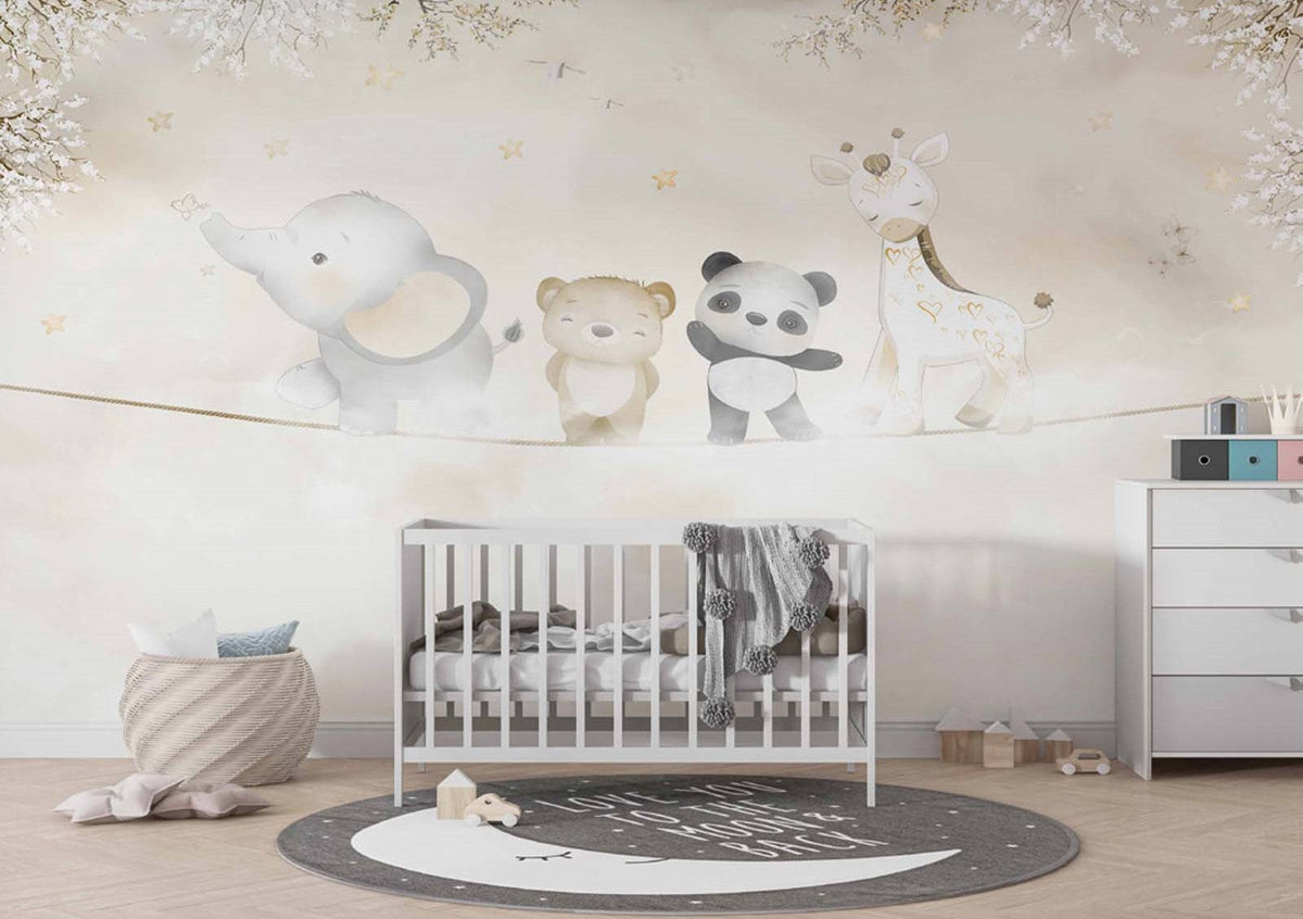 Tapet Personalizat Lumea Animalelor cu animalute exotice asezate pe franghie aflate in ceata pe un fundal bej - ON THE ROPE BEIGE