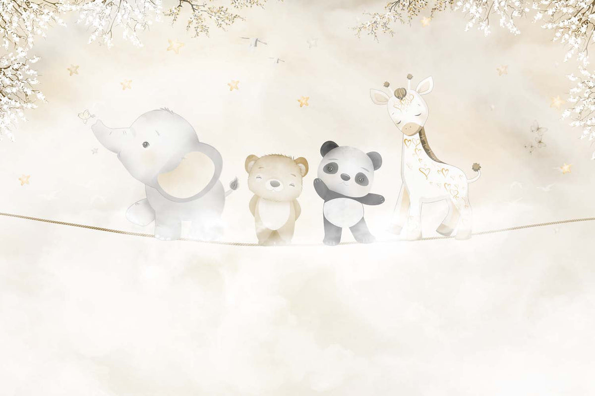Tapet Personalizat Lumea Animalelor cu animalute exotice asezate pe franghie aflate in ceata pe un fundal bej - ON THE ROPE BEIGE