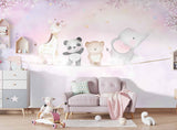 Tapet Personalizat Lumea Animalelor cu animalute exotice asezate pe franghie aflate in ceata pe un fundal mov - ON THE ROPE PURPLE