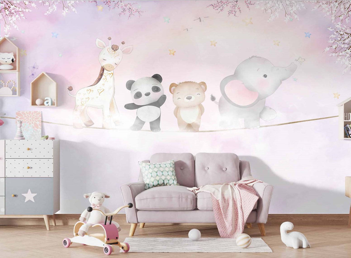 Tapet Personalizat Lumea Animalelor cu animalute exotice asezate pe franghie aflate in ceata pe un fundal mov - ON THE ROPE PURPLE