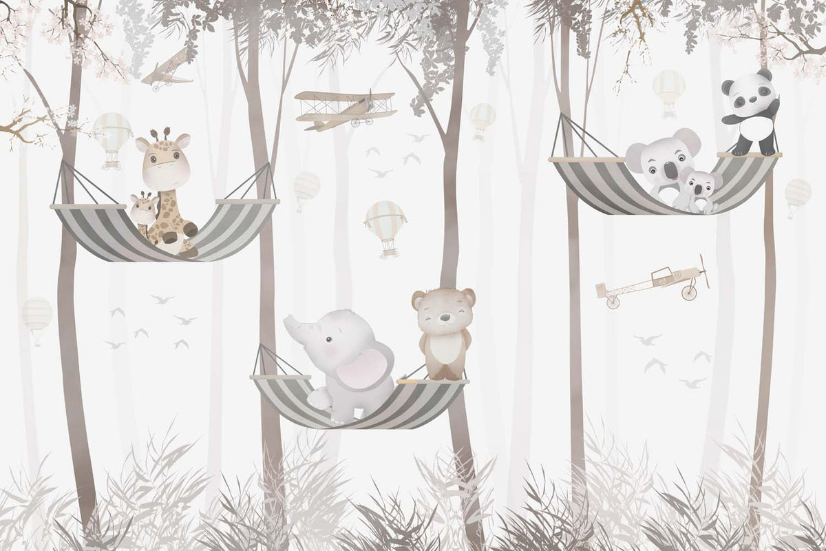 Tapet Personalizat Lumea Animalelor cu familii de animalute exotice in hamace in padurea tropicala - SHARING HAMMOCKS