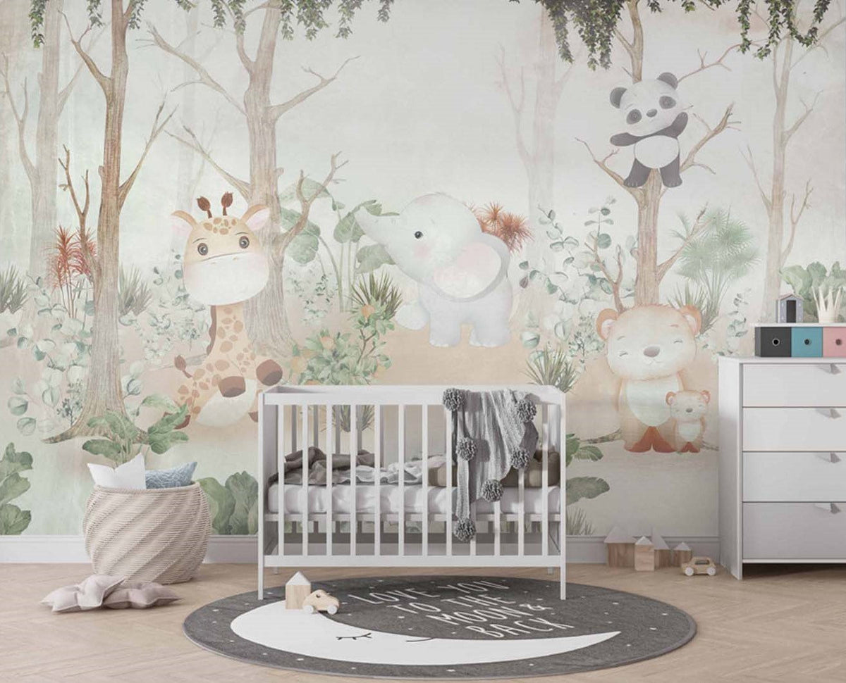 Tapet Personalizat Lumea Animalelor cu ilustratie tropicala cu animalute exotice  - PAINTED ANIMAL FOREST