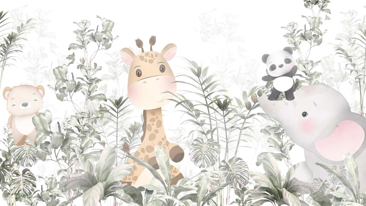 Tapet Personalizat Lumea Animalelor cu pui de panda, elefant, girafa si ursulet printre frunzele padurii tropicale  - WAVING BABY PANDA