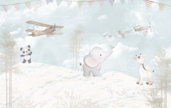 Tapet Personalizat Lumea Animalelor cu panda, elefant si girafa mergand prin zapada sub avioane si stegulete - EXOTIC WINTER