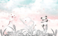 Tapet Personalizat Lumea Animalelor cu animalute printre frunze tropicale cu cer instelat roz - STARRY SERENITY