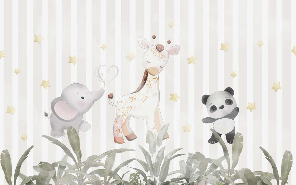Tapet Personalizat Lumea Animalelor cu elefant girafa si panda printre frunze tropicale si fundal in dungi bej - ANIMAL STRIPE WALL