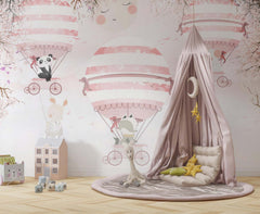 Tapet Personalizat Lumea Animalelor cu animale calatorind in baloane cu aer cald roz printre copaci infloriti - PINK BICYCLE BALLOONS