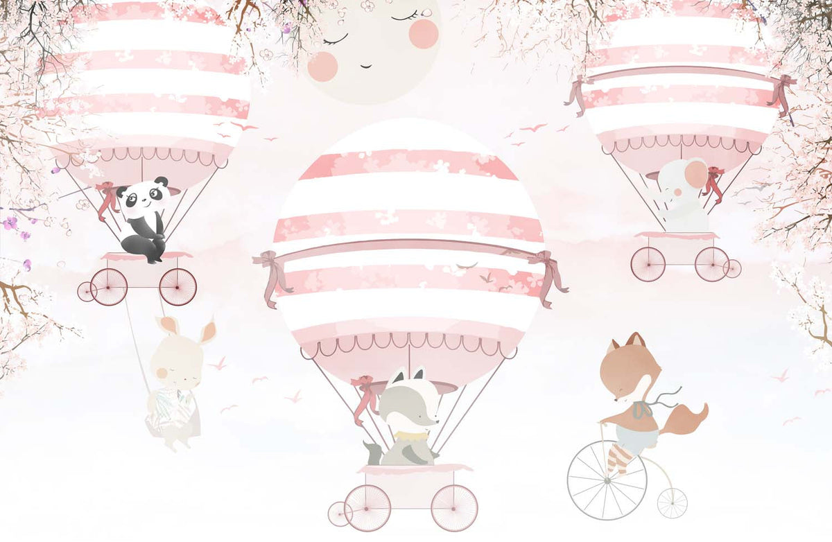 Tapet Personalizat Lumea Animalelor cu animale calatorind in baloane cu aer cald roz printre copaci infloriti - PINK BICYCLE BALLOONS