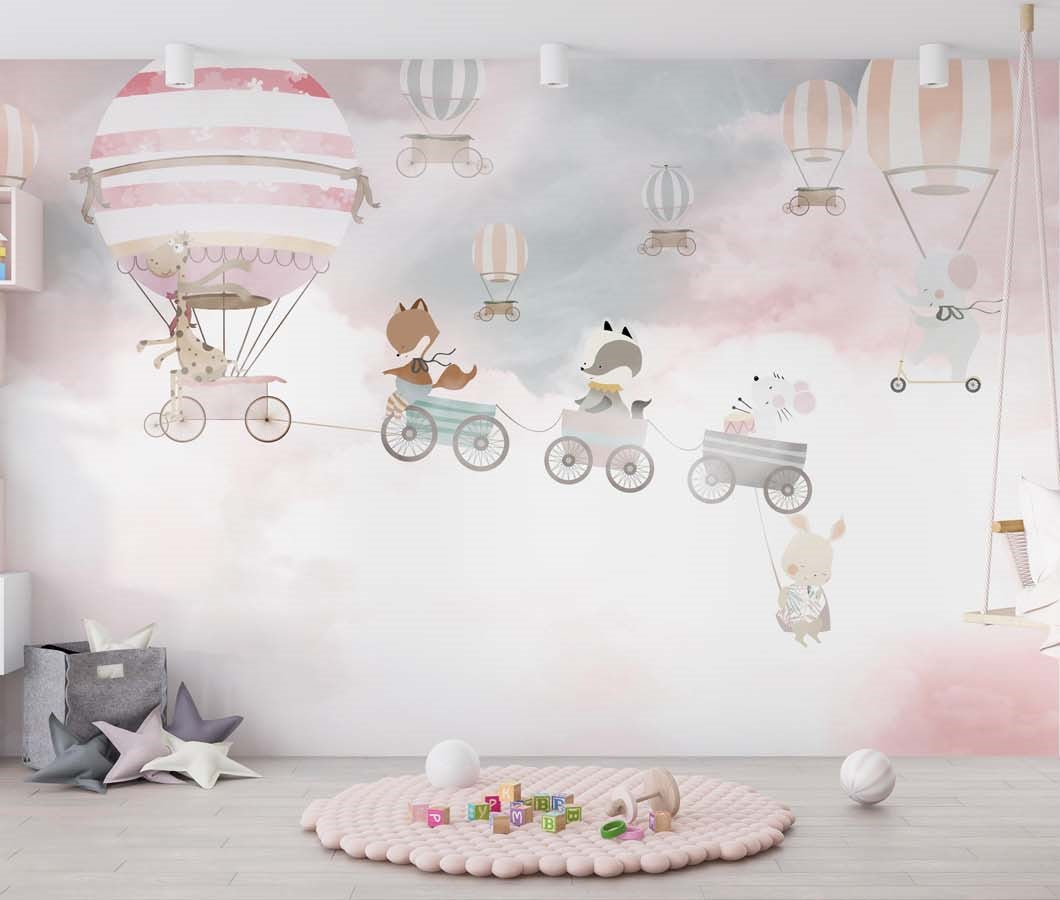 Tapet Personalizat Lumea Animalelor cu animale zburand in trenuletul balon pe cerul cu nori roz - PINK TRAIN FLIGHT