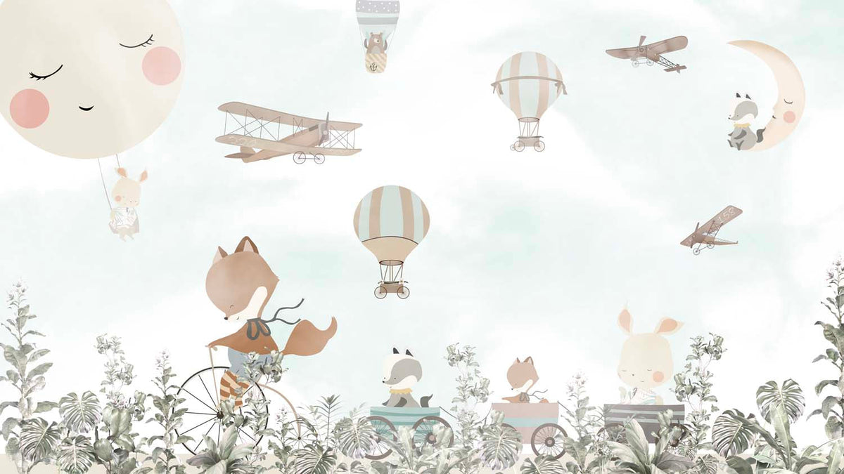 Tapet Personalizat Lumea Animalelor cu animale calatorind prin vegetatie cu avioane si baloane pe cerul senin - SUNNY TRAVELS