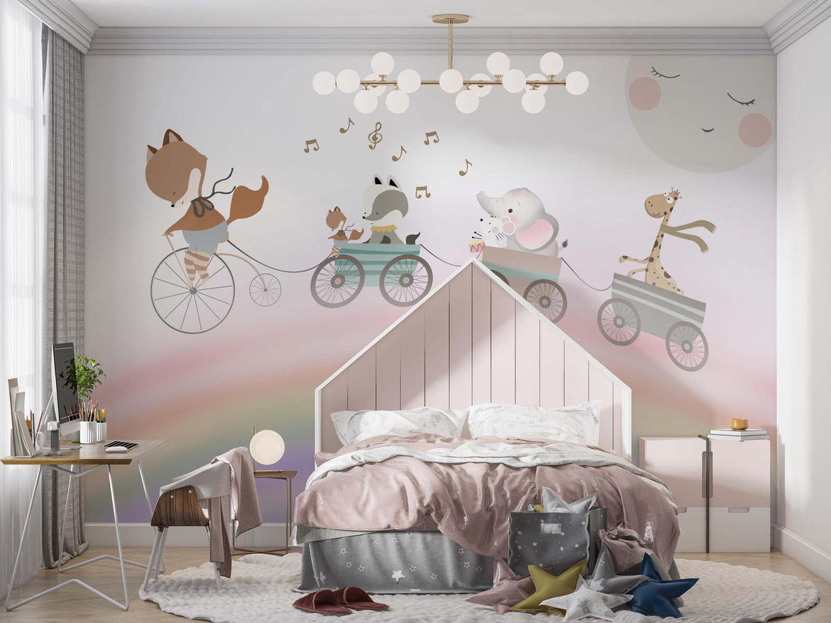 Tapet Personalizat Lumea Animalelor cu animalute plimbandu-se in trenulet peste curcubeu cantand  - MUSICAL RAINBOW
