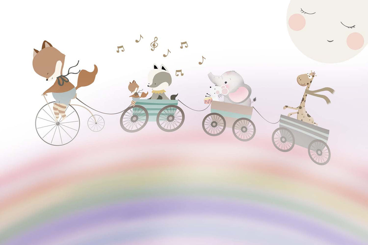 Tapet Personalizat Lumea Animalelor cu animalute plimbandu-se in trenulet peste curcubeu cantand  - MUSICAL RAINBOW
