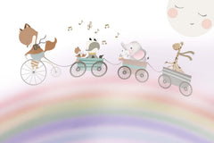 Tapet Personalizat Lumea Animalelor cu animalute plimbandu-se in trenulet peste curcubeu cantand  - MUSICAL RAINBOW