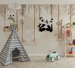 Tapet Personalizat Lumea Animalelor cu animale exotice in leagan pe un fundal bej  - STORYTELLING SWING