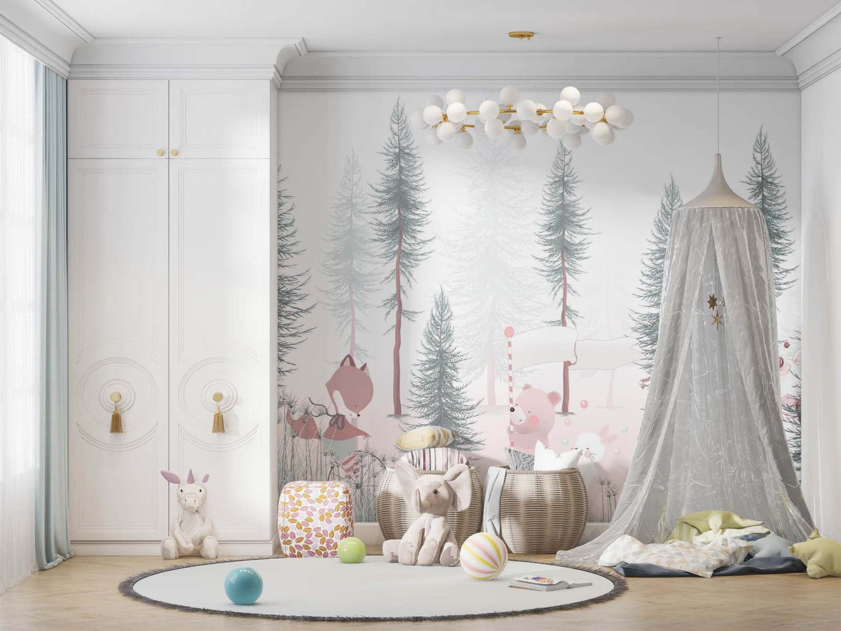 Tapet Personalizat Lumea Animalelor cu animale rozalii intr-o padure de pini  - PINKY PINE FOREST