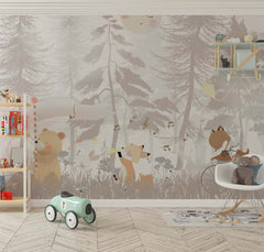 Tapet Personalizat Lumea Animalelor cu animale cantand prin padurea bej  - BEIGE FOREST MUSICAL