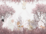 Tapet Personalizat Lumea Animalelor cu animale calatoare prin padurea cu copaci roz  - PINK FOREST TRAVELS