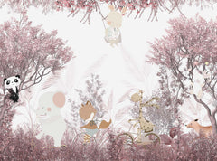 Tapet Personalizat Lumea Animalelor cu animale calatoare prin padurea cu copaci roz  - PINK FOREST TRAVELS