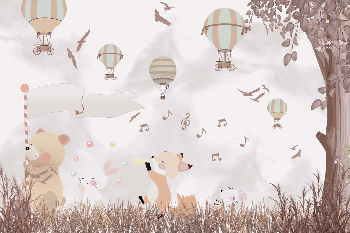 Tapet Personalizat Lumea Animalelor cu animale cantand in padure cu vegetatie bej maro - SINGING THROUGH THE FOREST