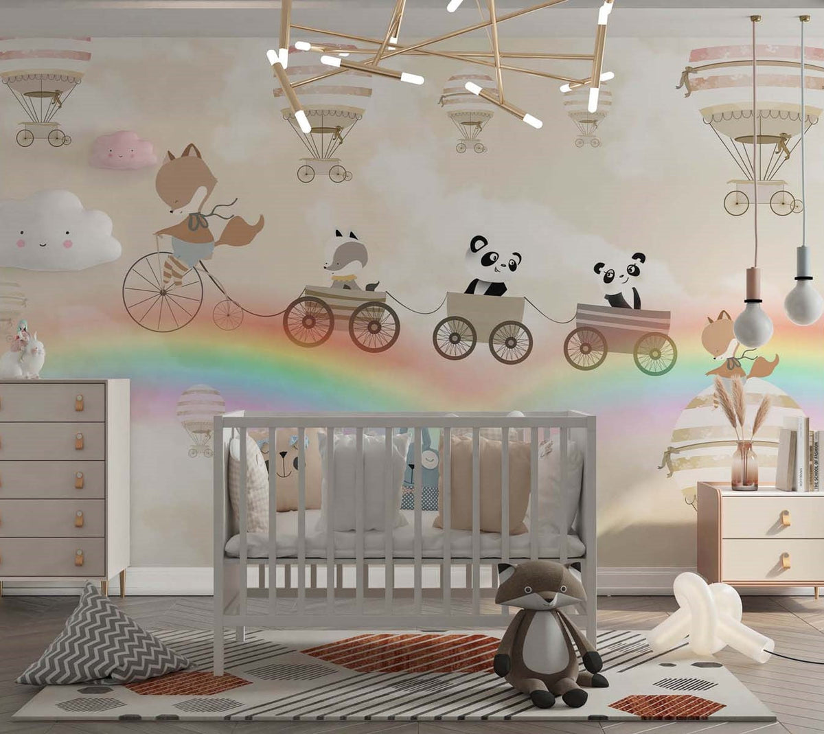 Tapet Personalizat Lumea Animalelor cu animale in trenulet peste curcubee si baloane cu aer cald in nuante de bej  - BEIGE MERGING RAINBOWS