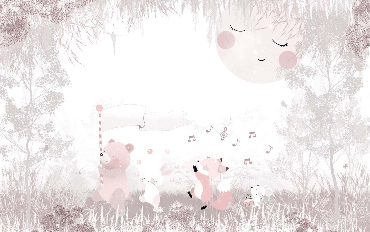 Tapet Personalizat Lumea Animalelor cu animale salbatice cantand prin padurea bej roz - HAPPY SINGING