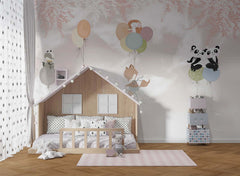 Tapet Personalizat Lumea Animalelor  cu animalute zburand cu baloane pe cerul rozaliu - LOVELY FLYING