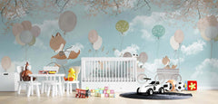 Tapet Personalizat Lumea Animalelor cu trenulet de animalute si baloane pe cerul albastru cu norisori - BLUE SKIES BALLOONS