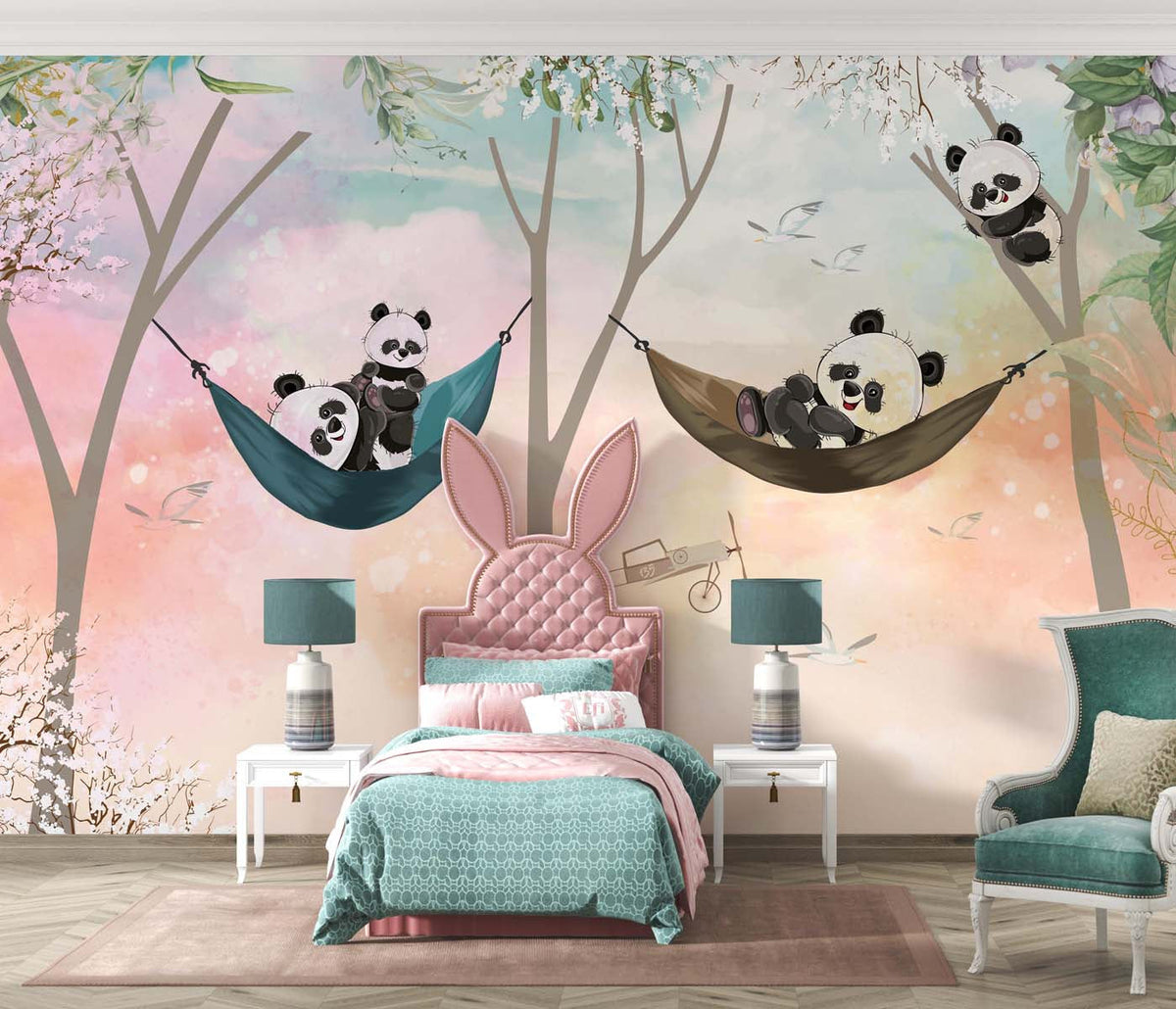 Tapet Personalizat Lumea Animalelor cu panda in hamace pe un fundal multicolor  - MULTICOLOR SKY