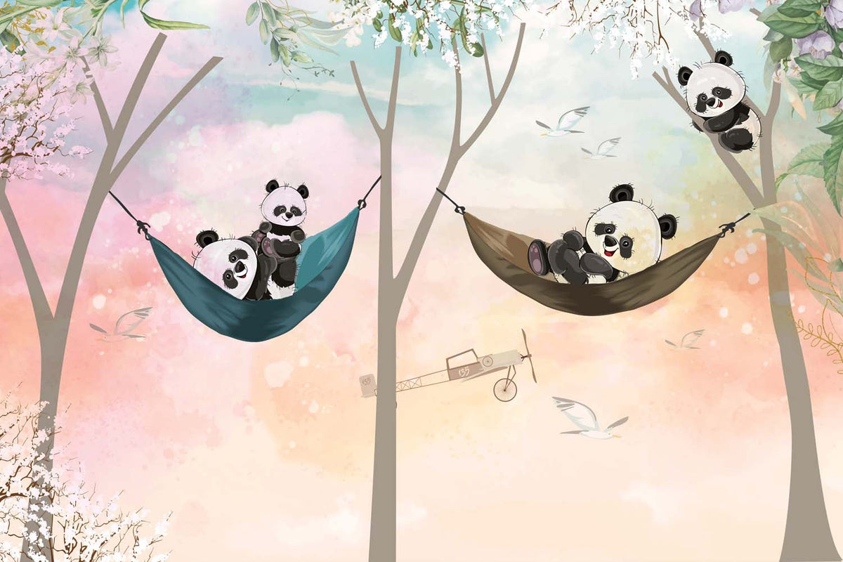 Tapet Personalizat Lumea Animalelor cu panda in hamace pe un fundal multicolor  - MULTICOLOR SKY