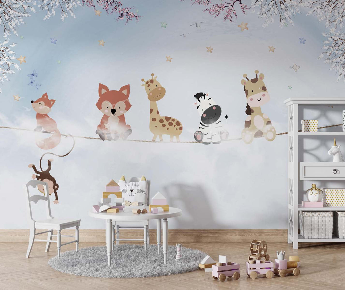 Tapet Personalizat Lumea Animalelor cu animale pe franghie pe cerul albastru printre nori - SPRING SKY