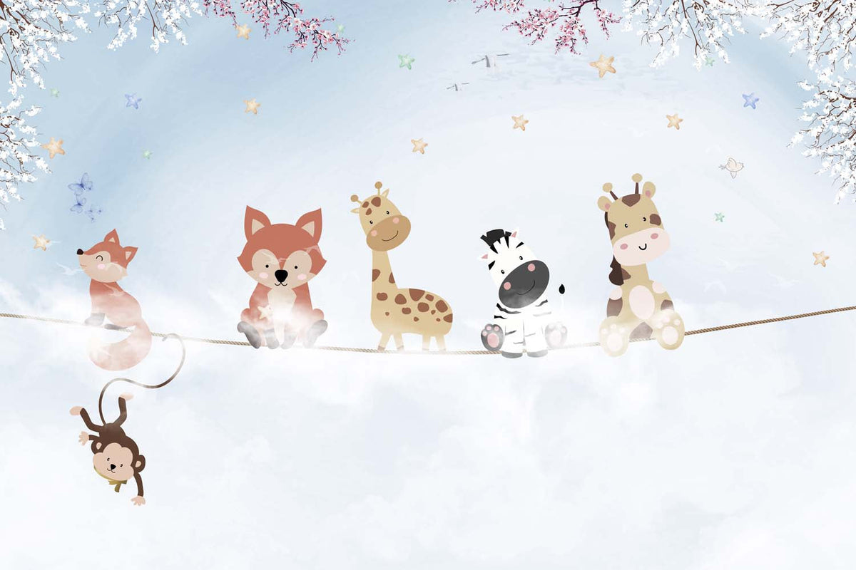 Tapet Personalizat Lumea Animalelor cu animale pe franghie pe cerul albastru printre nori - SPRING SKY