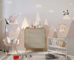 Tapet Personalizat Lumea Animalelor cu animalute printre muntii inalti inzapeziti  - PINK SNOWY PEAKS
