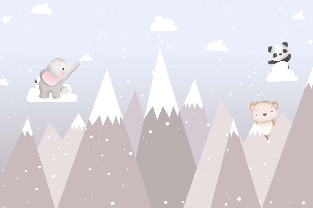 Tapet Personalizat Lumea Animalelor cu animalute printre muntii inalti inzapeziti  - PINK SNOWY PEAKS