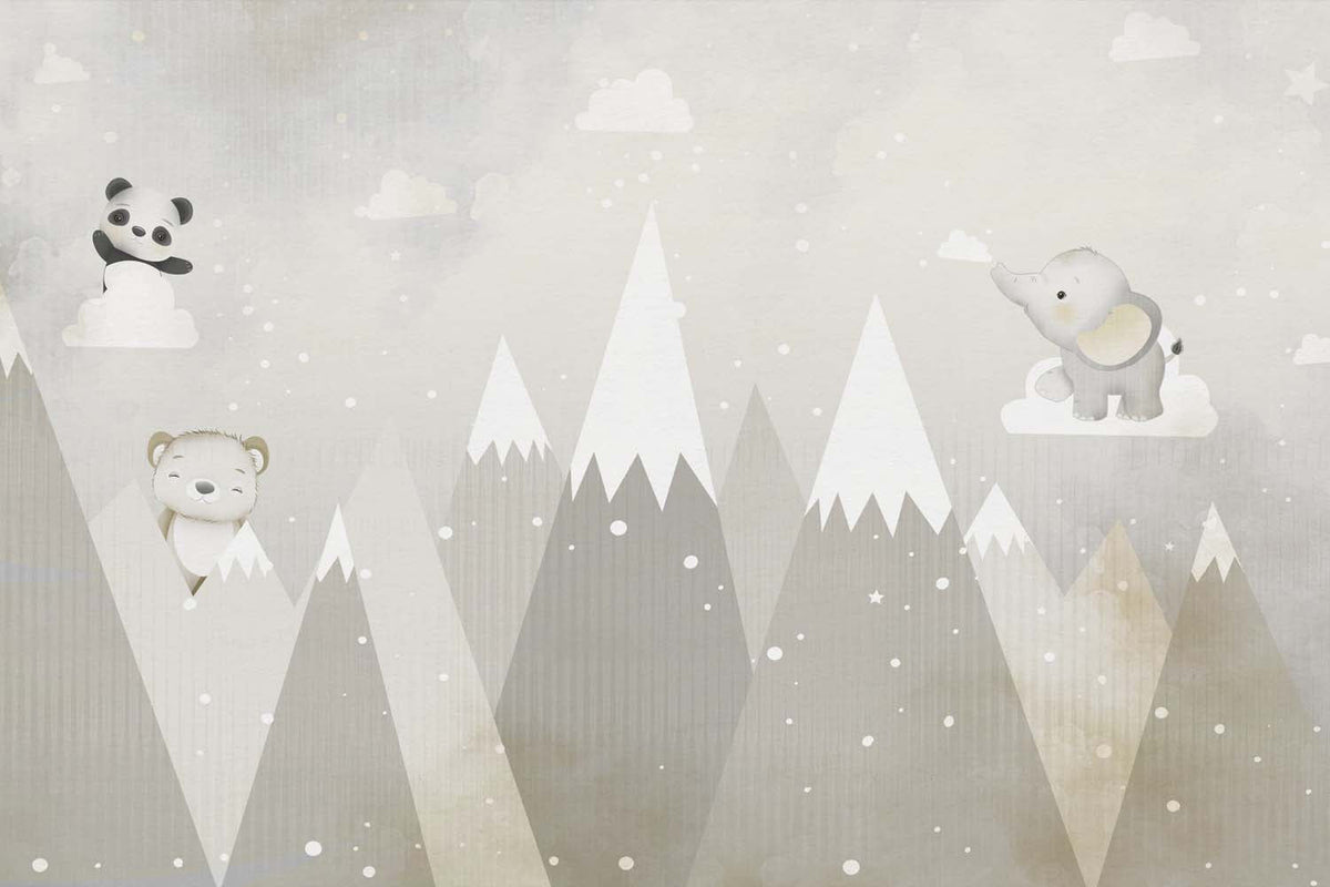 Tapet Personalizat Lumea Animalelor cu animalute printre muntii inalti inzapeziti in tonuri bej vintage  - VINTAGE SNOWY PEAKS