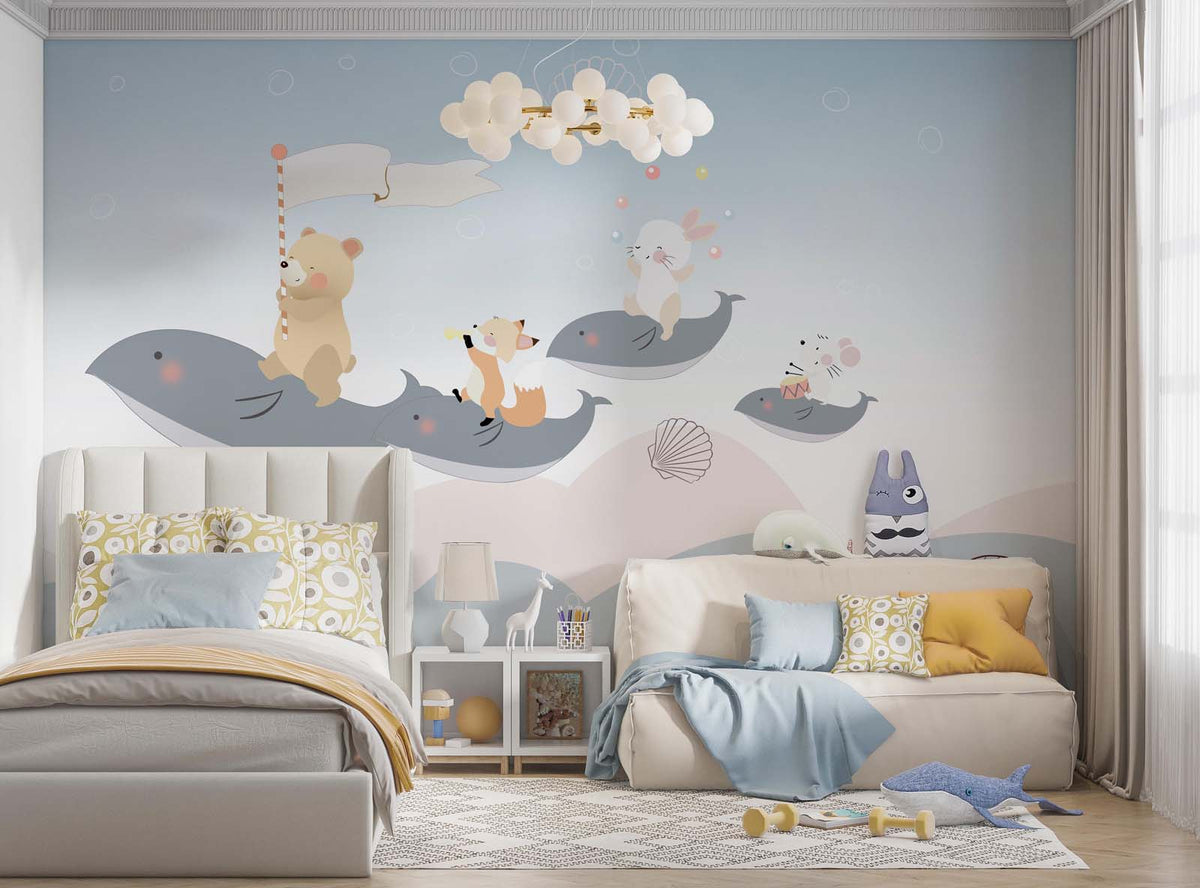 Tapet Personalizat Lumea Animalelor cu animalute zburand pe balene peste valurile marii  - SWIMG SONG