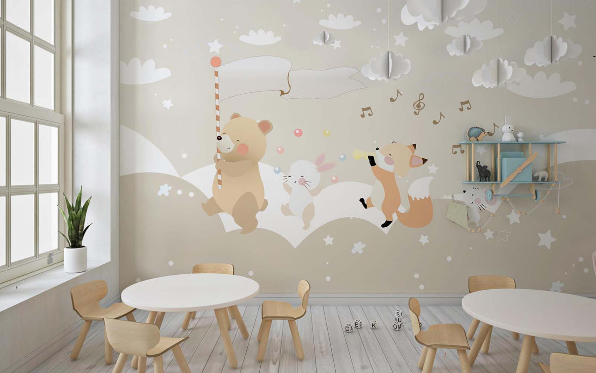Tapet Personalizat Lumea Animalelor cu animale cantand pe dealuri instelate  - STARRY SONG