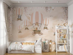 Tapet Personalizat Lumea Animalelor cu animalute in baloane cu aer cald pe un fundal texturat crem - BEIGE PLASTER SKY BALLOONS