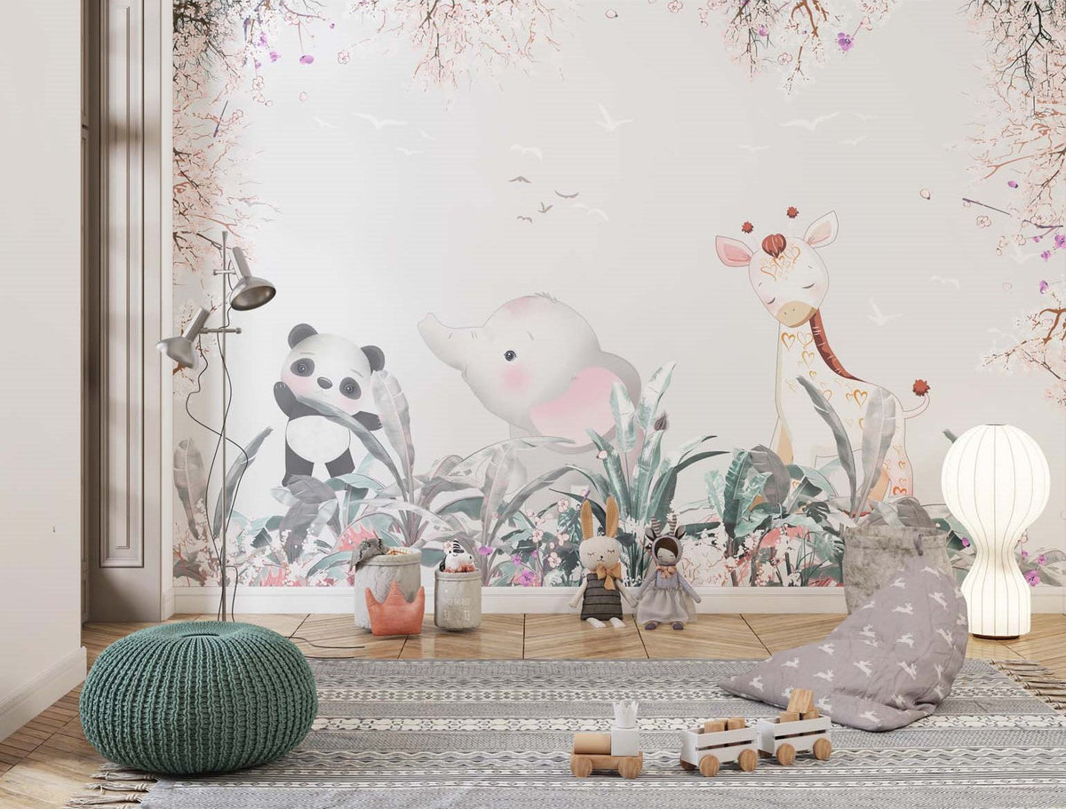Tapet Personalizat Lumea Animalelor cu animale printre vegetatia inflorita colorata din jungla - SLEEPY GIRAFFE