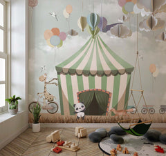 Tapet Personalizat Lumea Animalelor cu cort verde de carnaval si animalute pe fundal verde  - GREEN CARNIVAL