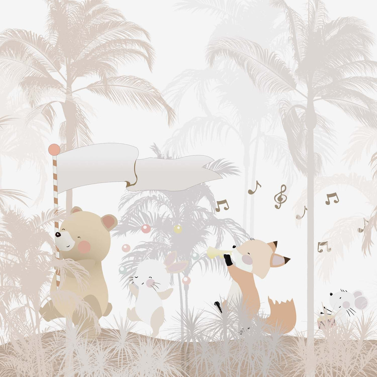 Tapet Personalizat Lumea Animalelor cu animale cantand printre palmierii bej  - BEIGE PALMS LYRICS