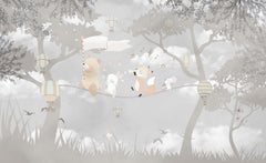 Tapet Personalizat Lumea Animalelor cu animale pe franghie prin padurea gri  - WARM GREY FOREST