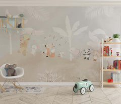 Tapet Personalizat Lumea Animalelor cu animale exotice cantand printre palmieri albi  - BANANA LEAF SONG