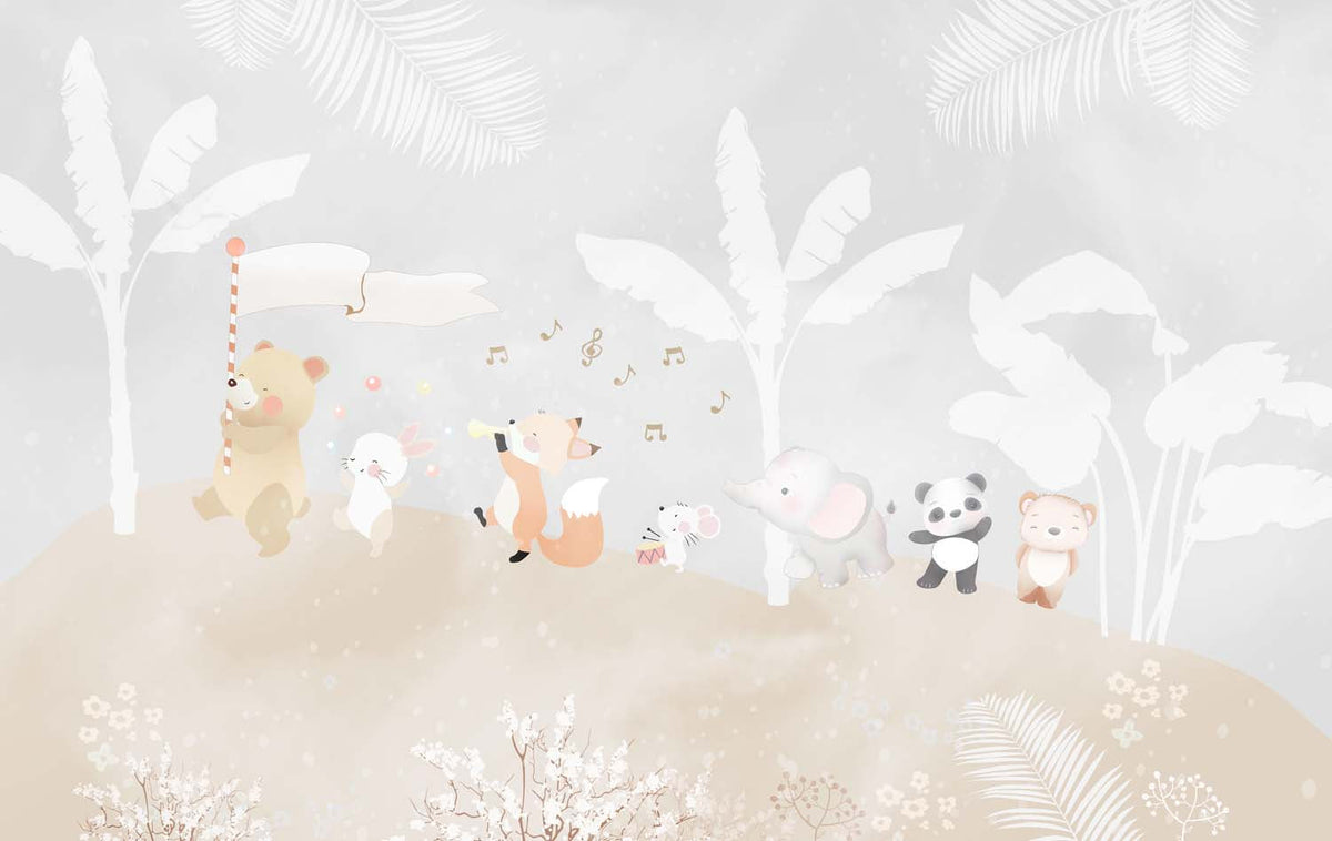 Tapet Personalizat Lumea Animalelor cu animale exotice cantand printre palmieri albi  - BANANA LEAF SONG